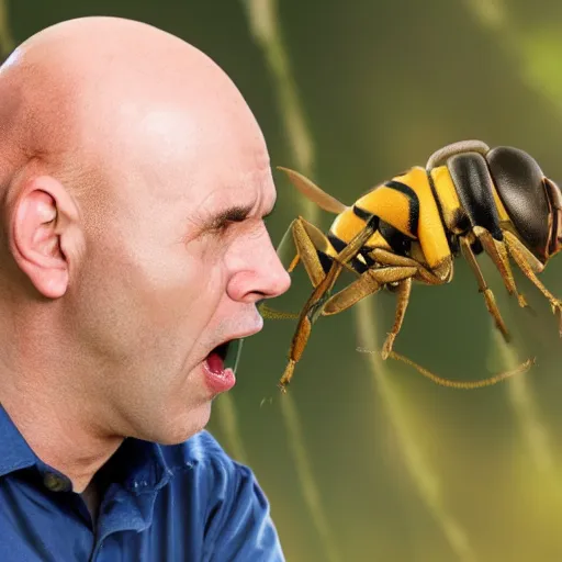 Image similar to a photo of a balded man arguing at a wasp, close up, photorealistic