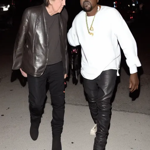 Prompt: Paul McCartney and Kanye West meeting at a restaurant, realistic photo, paparazzi