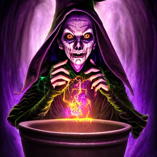 Image similar to a portrait of a scary ugly witch that is brewing a wicked potion in her cauldron that is marked with magical symbol that are glowing, highly detailed, digital photo, hdri, by christopher bretz and john carpenter, vivid colors, high contrast, 8 k resolution, intricate, photorealistic, smooth, psychedelic color scheme, concept art, award winning, cg society contest winner