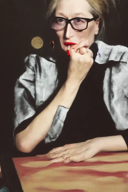 Prompt: overpainted photography portrait of a young meryl streep smoking a cigarette at a table by cindy sherman and gerhard richter, dim light, black and white