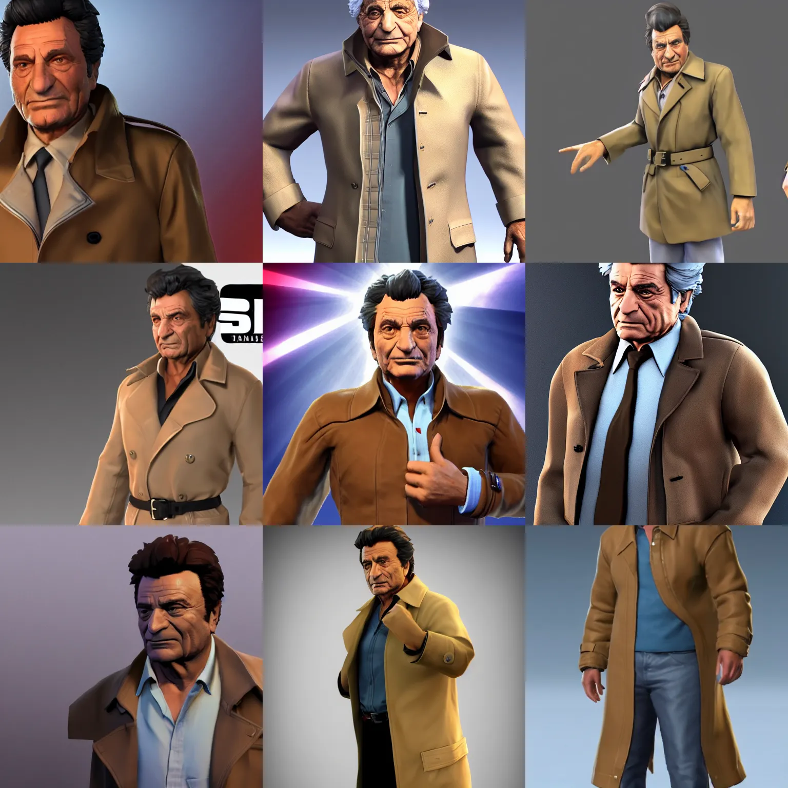 Prompt: peter falk in a tan trench coat as a character in super smash bros. ultimate, 3 d render, official render