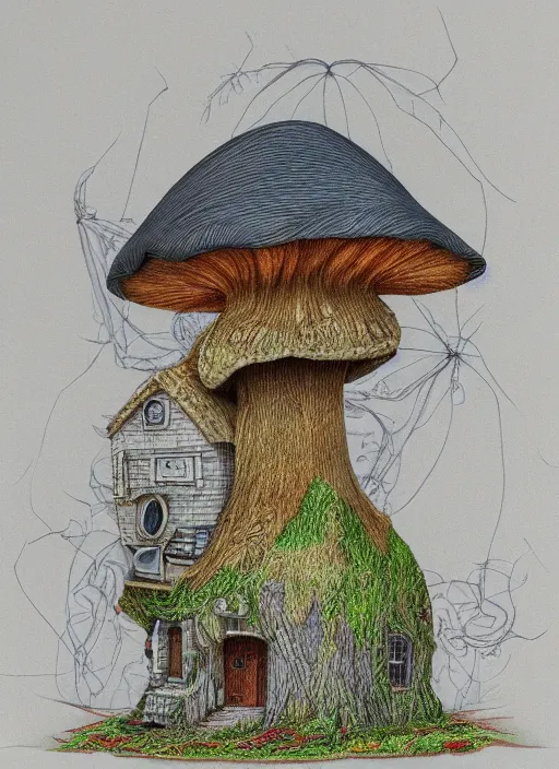 Prompt: a hybrid between a mushroom and a house,, insanely detailed, studio light, 3 d rendering, colored pencil