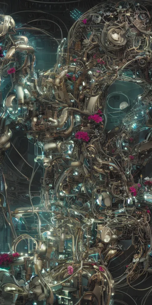 Image similar to a lovely mechanical cornucopia of flowers and human body parts, scifi, futuristic, utopian, machine parts, body parts, wires, circuits, highly detailed, octane render, cinematic