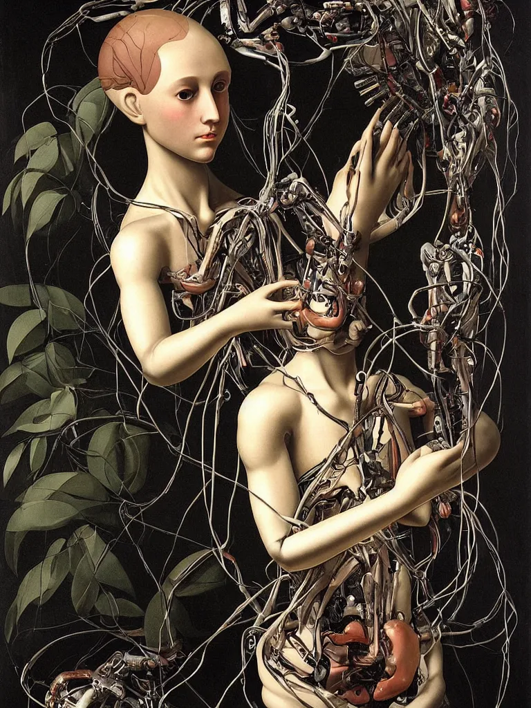 Image similar to portrait of a beautiful female android robot holding a realistic anatomical heart in her hands and crying, there are wires coming from her heart, tangled and entwined with her long flowing hair, mecha, biopunk, white xenomorph, bones, surrounded by tropical plants, black background, painting by Raphael, by Caravaggio