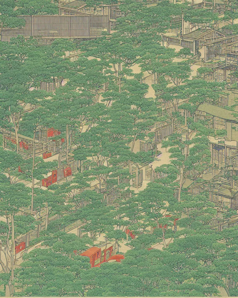 Image similar to close-up graphic poster of small model trains traversing a lush garden by Hasui Kawase.