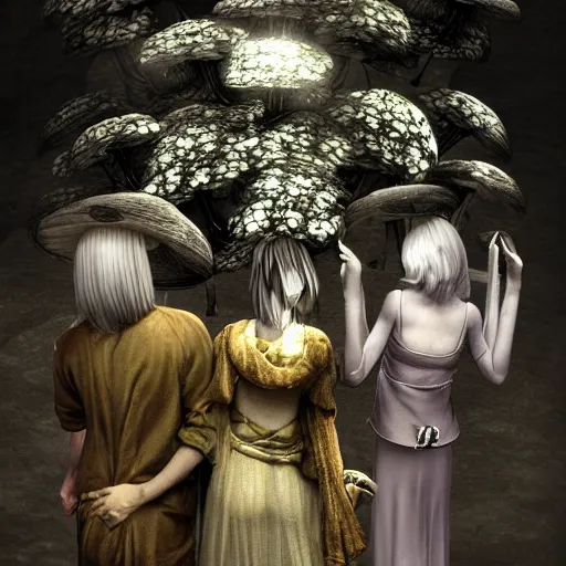 Image similar to mushroom goddess with group of elders, discussing the new season of friends, cynical realism, hiroya oku painterly, yoshitaka amano, chris cunningham, black and white, beautiful lighting, manga in the style of drummond, 3 d render, 8 k