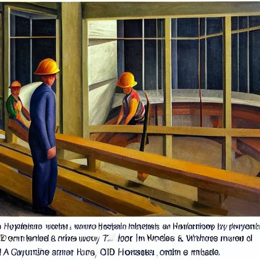 Prompt: hydroelectric dam interior, turbines, workers in hardhats, grant wood, pj crook, edward hopper, oil on canvas