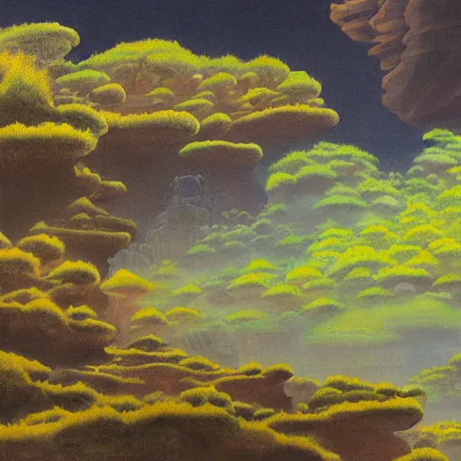 Prompt: detailed painting of a lush natural scene on an alien planet by tojiro oshita. beautiful landscape. weird vegetation. cliffs and water.