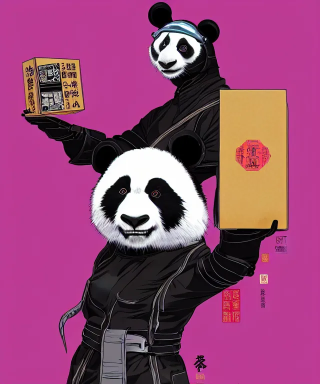 Image similar to a portrait of a cyberpunk panda holding a chinese takeout box, fantasy, elegant, digital painting, artstation, concept art, matte, sharp focus, illustration, art by josan gonzalez