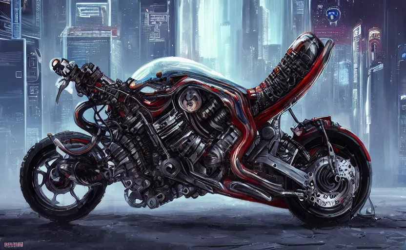 Image similar to Cyberpunk yamaha motorcycle. By Konstantin Razumov, horror scene, highly detailded