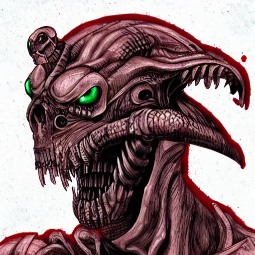 Image similar to pixiv, gruesome, sci - fi, polychaeta, undead cyborg head, doom, rat, reptile, red, white