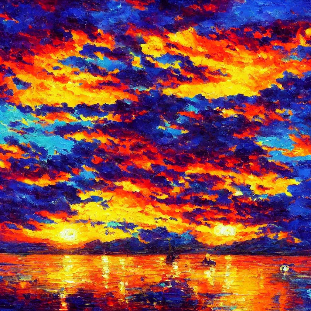 Image similar to an impasto oil painting of a stunning, colorful sunset painted by ken hong leung