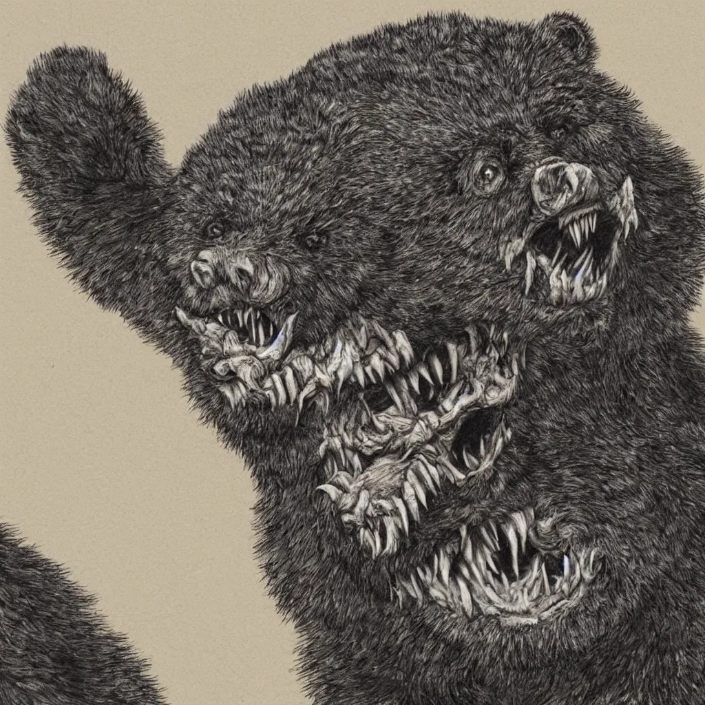 Image similar to horrifying bear creature, fangs, in the style of keith thompson