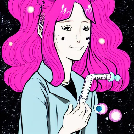 Image similar to realistic dark retro pulp sci - fi colored manga illustration of princess bubblegum by junji ito, with pink hair made of bubblegum, confident scientist performing experiments in her lab