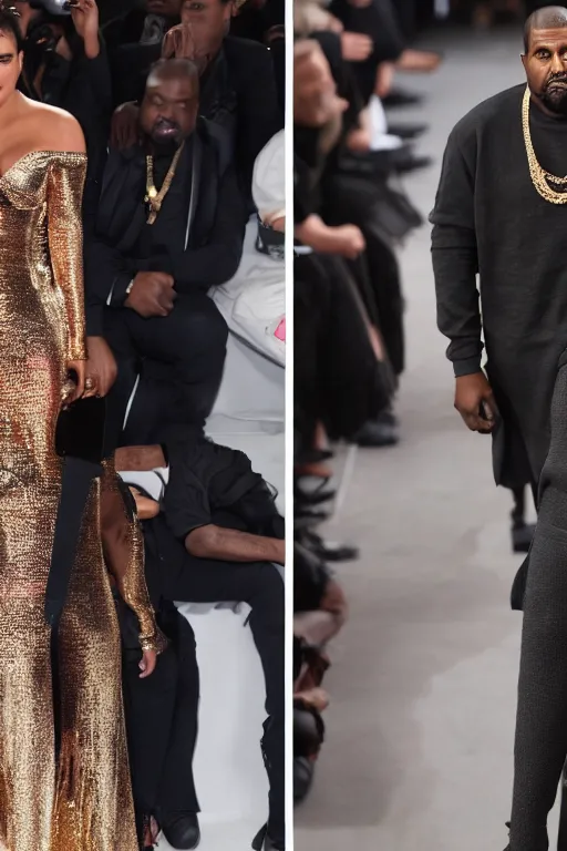 Image similar to kanye west wearing a suit made of skin, runway photo