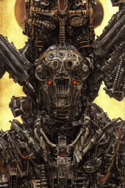 Image similar to portrait of demonic gothic Tom Cruise in mechanical power armor, cyberpunk, Warhammer, highly detailed, artstation, illustration, art by Gustav Klimt