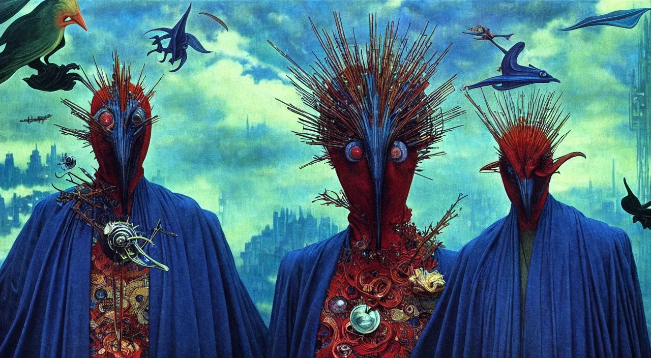 Image similar to realistic detailed portrait movie shot of a birdman wearing dark robes, sci fi city landscape background by denis villeneuve, amano, yves tanguy, alphonse mucha, ernst haeckel, max ernst, roger dean, masterpiece, rich moody colours, blue eyes, occult