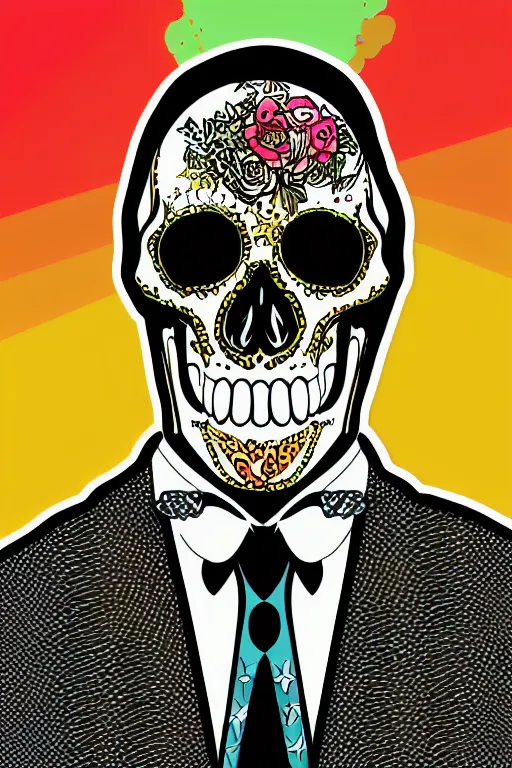 Image similar to A portrait of a skeleton in a suit, sticker, colorful, illustration, highly detailed, smooth and clean vector curves, no jagged lines, vector art, smooth