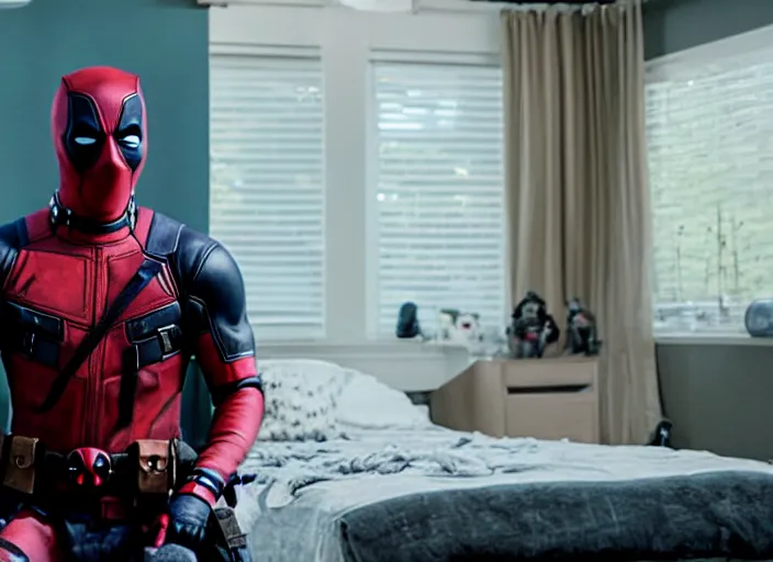 Image similar to film still of Deadpool working as a twitch streamer in his gamer bedroom in the new Deadpool movie, 4k