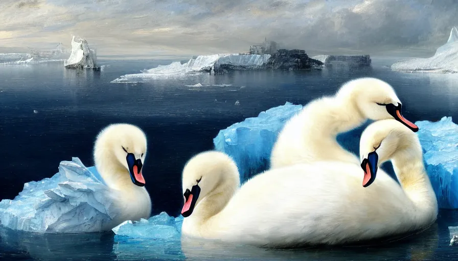 Image similar to highly detailed painting of cute furry white baby seal swan cats cuddling into each other on a blue and white iceberg by william turner, by greg rutkowski, by william constable, thick brush strokes and visible paint layers, 4 k resolution