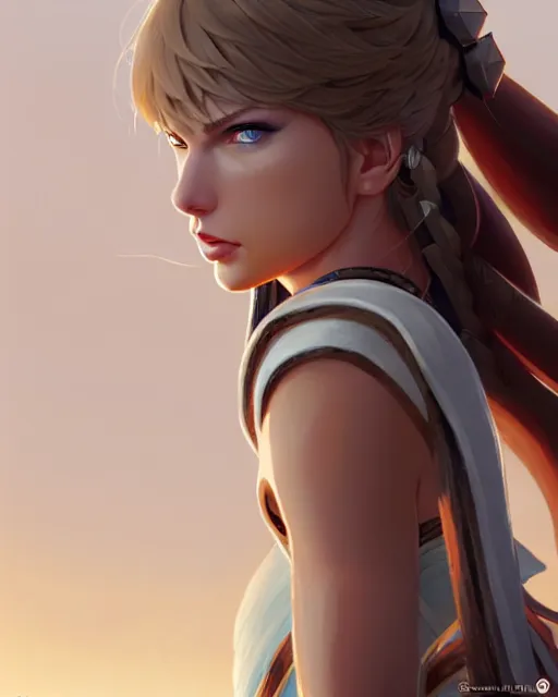 Image similar to azctec warrior, taylor swift, detailed perfect face, exquisite details, fire magic, mid view, design on a white background, by studio muti, greg rutkowski makoto shinkai takashi takeuchi studio ghibli