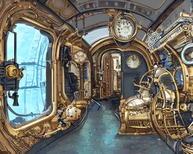 Image similar to steampunk train in space, Style of Ian Hubert