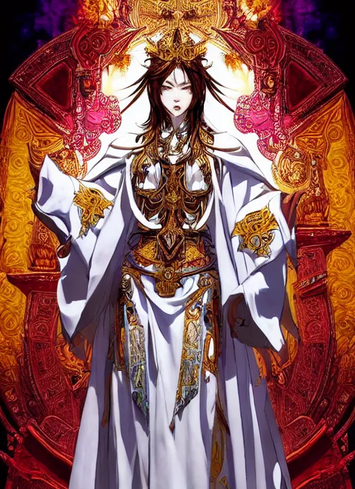 Prompt: Full body portrait of a beautiful high priestess in ornate white church robe, vibrant colours, chosen by the god, ornate. In style of Yoji Shinkawa and Hyung-tae Kim, trending on ArtStation, dark fantasy, great composition, concept art, highly detailed, dynamic pose.