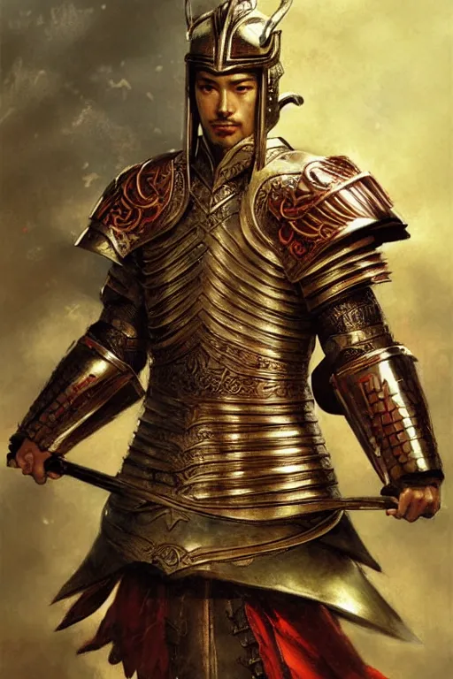 Image similar to attractive male with armor, ancient china, three kingdoms, character design, dynamic lighting, cool and bright tint, painting by gaston bussiere, craig mullins, j. c. leyendecker, tom of finland