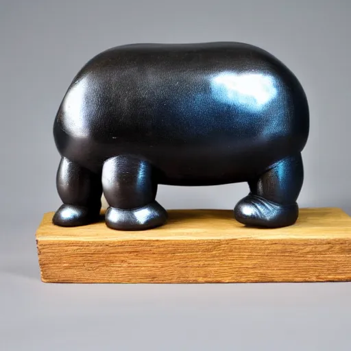 Prompt: wood block small hippo statue, wood blocks bottom hippo body, blue chrome top hippo body, by a genius craftsman, highly detailed, wood block legs
