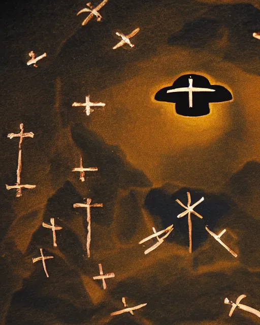 Image similar to cave painting, ultra hd, depiction of crosses and ufo, very detailed to photography