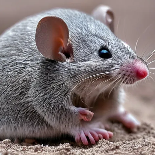 Image similar to a very cute grey mouse sitting in a small sand castle