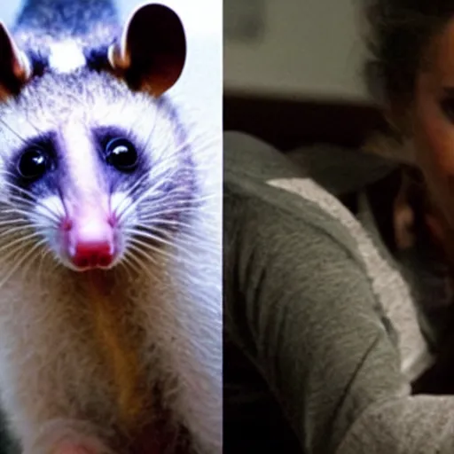 Image similar to an anthropomorphic opossum as a victim in a promotional still shot for law and order SVU, movie still, high quality