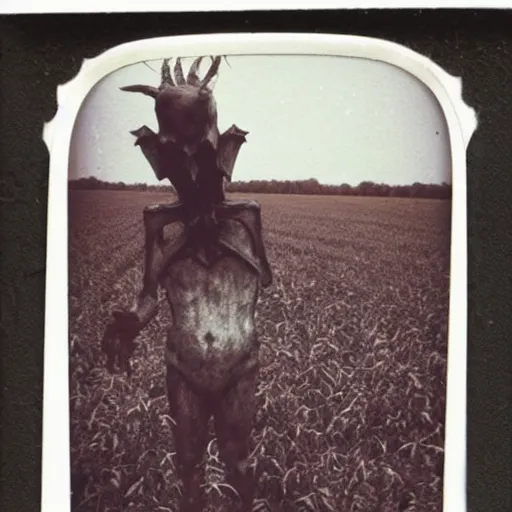 Image similar to an old polaroid of a creepy monster in a cornfield