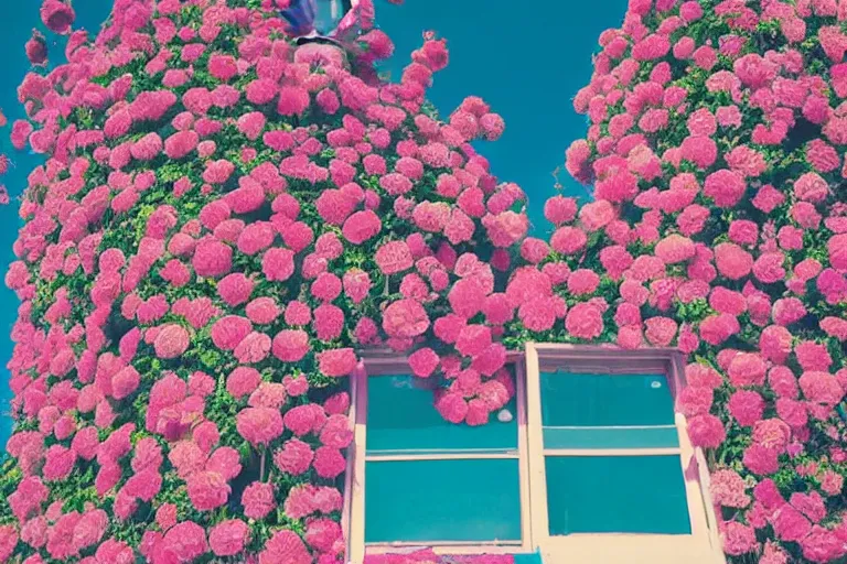 Prompt: giant flower head, girl standing, 1 9 6 0 window, surreal photography, symmetry, mid century, flat perspective, bright colours, blue sky, realistic, wes anderson