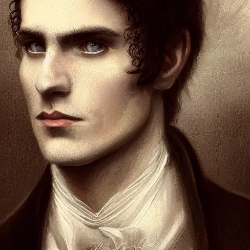 Image similar to Majestic and regal portrait of the green eyed brown haired vampire Louis de Pointe du Lac, New Orleans, 1805 plantation in the background, intricate, epic, elegant, menacing, fantasy, highly detailed, digital painting, hard focus, beautiful volumetric lighting, epic light, ultra detailed, by Leesha Hannigan, Ross Tran, Thierry Doizon, Kai Carpenter, Ignacio Fernández Ríos