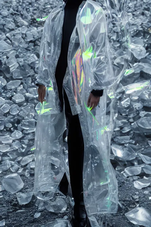 Image similar to an ultra high definition professional high fashion portrait studio full length photograph of a model wearing a transparent pearlescent raincoat and neon visor in an icelandic black rock environment at dawn. no artefacts. extremely detailed. stark. refraction. shallow depth of field. volumetric light and shadow. ray tracing. light rays.