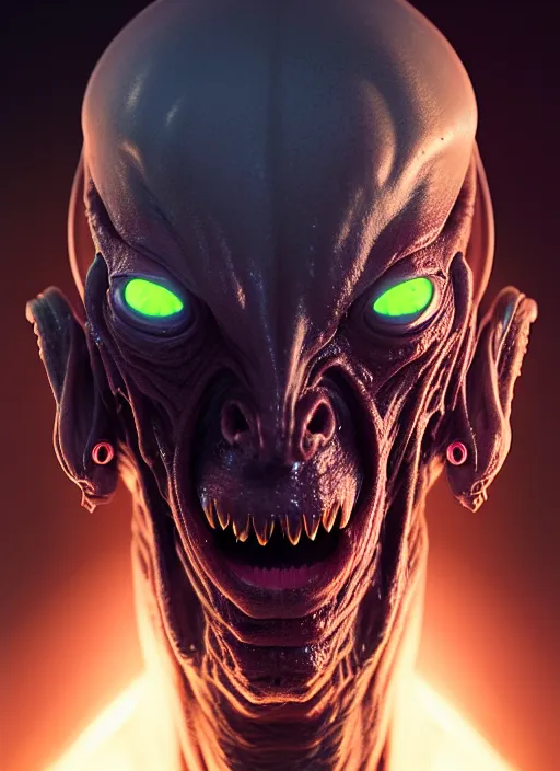 Image similar to portrait of a space alien, varying detailed skin, octane render, piercing glowing eyes, realistic render, detailed, ugly, slimy unreal engine, symmetrical!!, greg rutkowski and ruan jia, cinematic