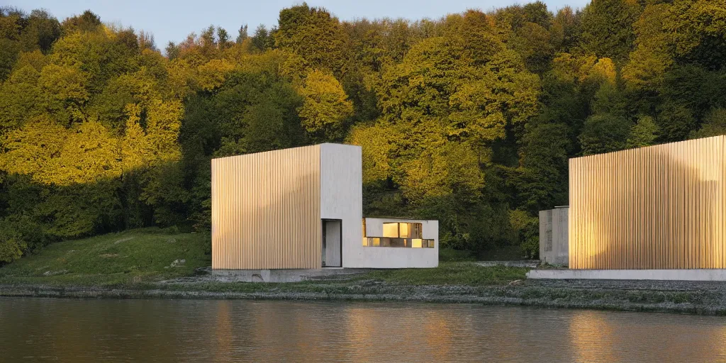 Image similar to a house by the river rhein close to mumpf designed by peter zumthor, beautiful ambient light, golden hour