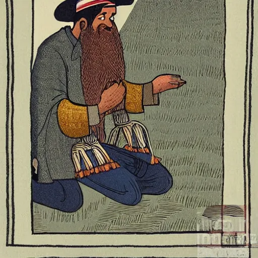 Prompt: bearded cowboy kneeling for prayer, persian folkore illustration