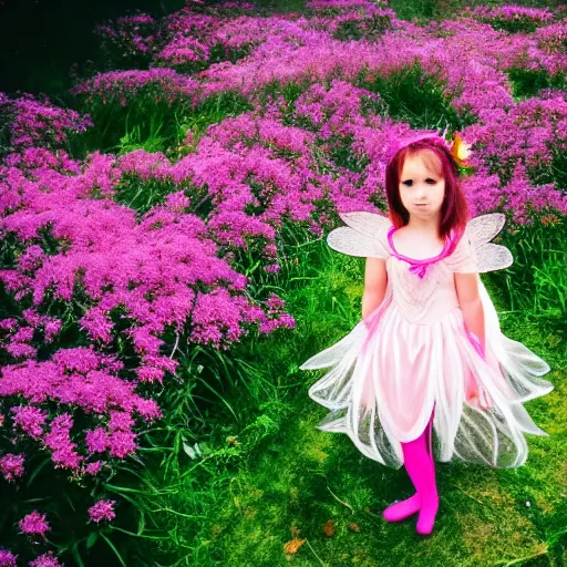 Image similar to a young girl dressed up as fairy in front of some pink flowers