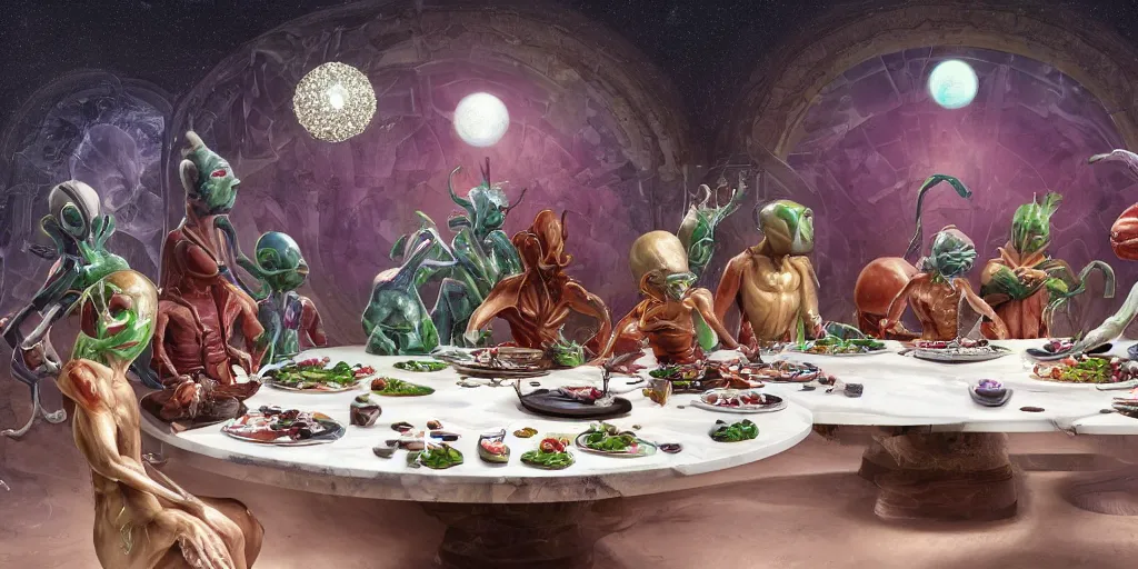 Image similar to !view from the kitchen, behind the chefs we see !13 diverse aliens enjoying a rich salad around a marble table, !positioned as last supper cinematic lighting, crystals and diamonds, fantasy, surreal, floating, highly detalied, 4k, artstation, by Wayne Barlowe