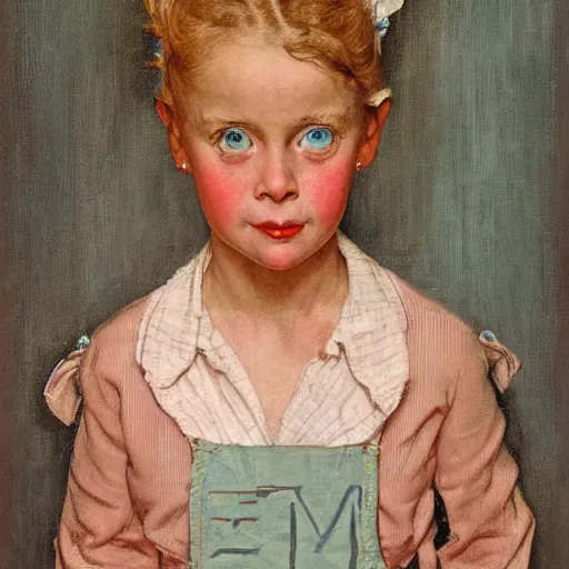 Prompt: Frontal portrait of women triplets with ice blue eyes. Painting by Norman Rockwell.