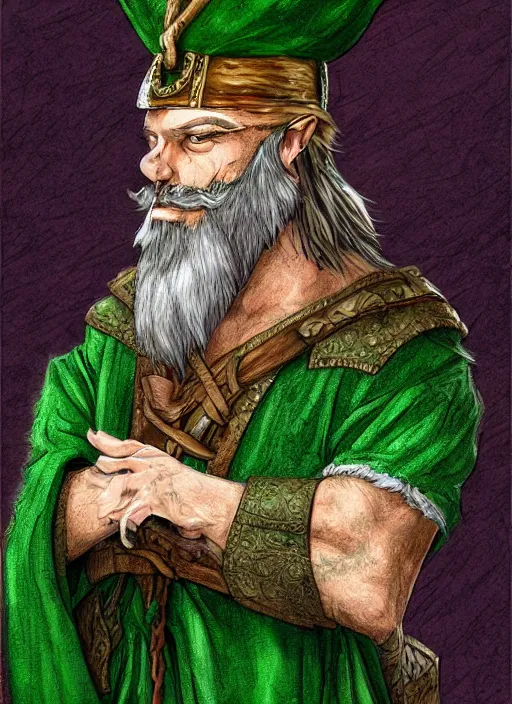 Prompt: ratfolk with beard and jewelry, green eyes, tricorne hat, green robe, D&D, digital art