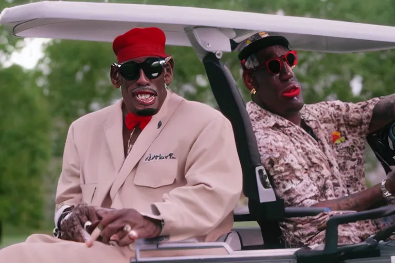 Image similar to dennis rodman in a dress driving a golf cart, movie still, from the new caddyshack movie, dancing gopher from caddyshack, 8 k, hd, cinematic lighting