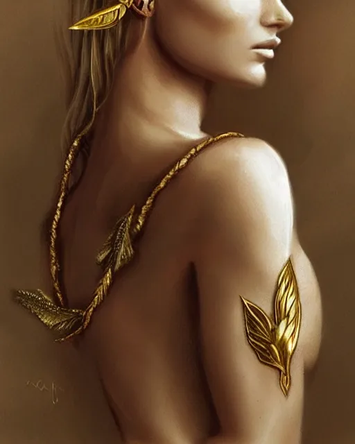 Image similar to tattoo design sketch of hot blonde super model as aphrodite greek goddess wearing a gold laurel wreath and triangle earrings, beautiful piercing gaze with sharp pupils, in the style of greg rutkowski, fantasy, amazing detail, epic, elegant, smooth, sharp focus, front view