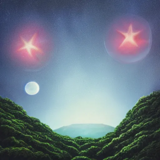 Image similar to twin stars above an alien jungle landscape