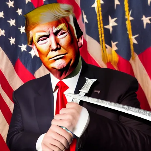 Prompt: Donald Trump holding a fancy broadsword, photorealistic