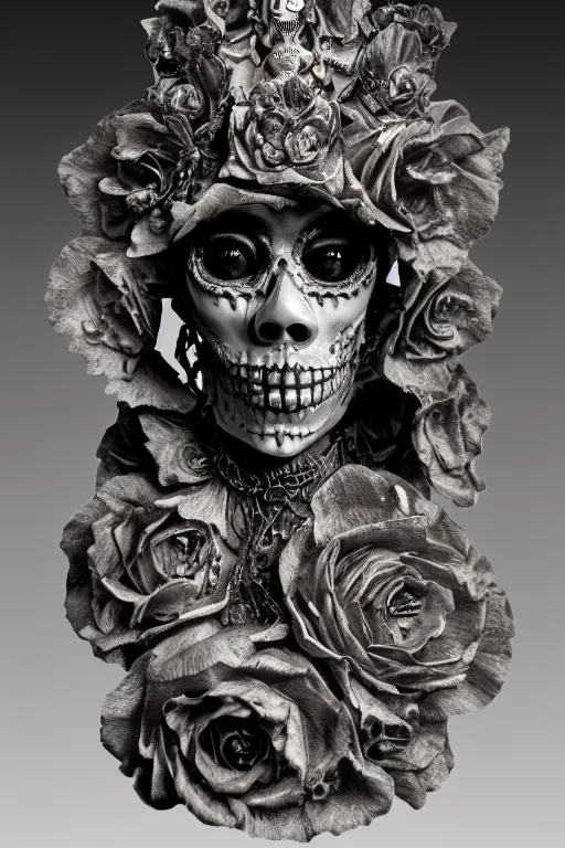 Image similar to full view of an intricate and detailed La Catrina statue made on polished bronze with scars sculpted by Bernini and Nicola Samori, style of Maxfield Parrish and Bastien Lecouffe-Deharme, ultra realistic, volumetric light