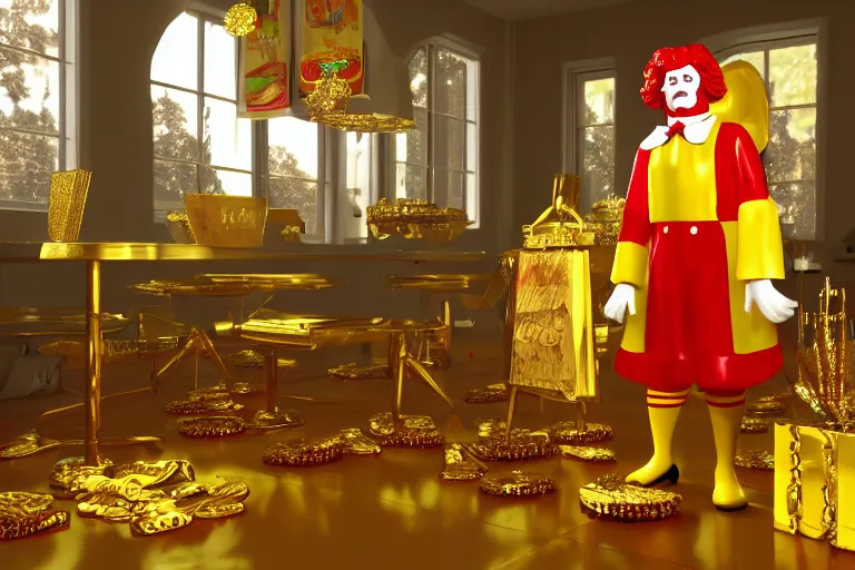 Image similar to a still of ronald mcdonald surrounded by gold and diamonds, award - winning, photograph, 3 d render, unreal engine, 4 k detailed