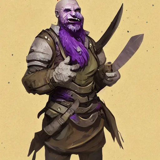 Image similar to male duergar adventurer with purple skin, by Ismail Inceoglu, wearing leather adventuring clothes, shabby, short, bald, wielding knife, happy grin, character portrait closeup, digital art, dungeons and dragon, character